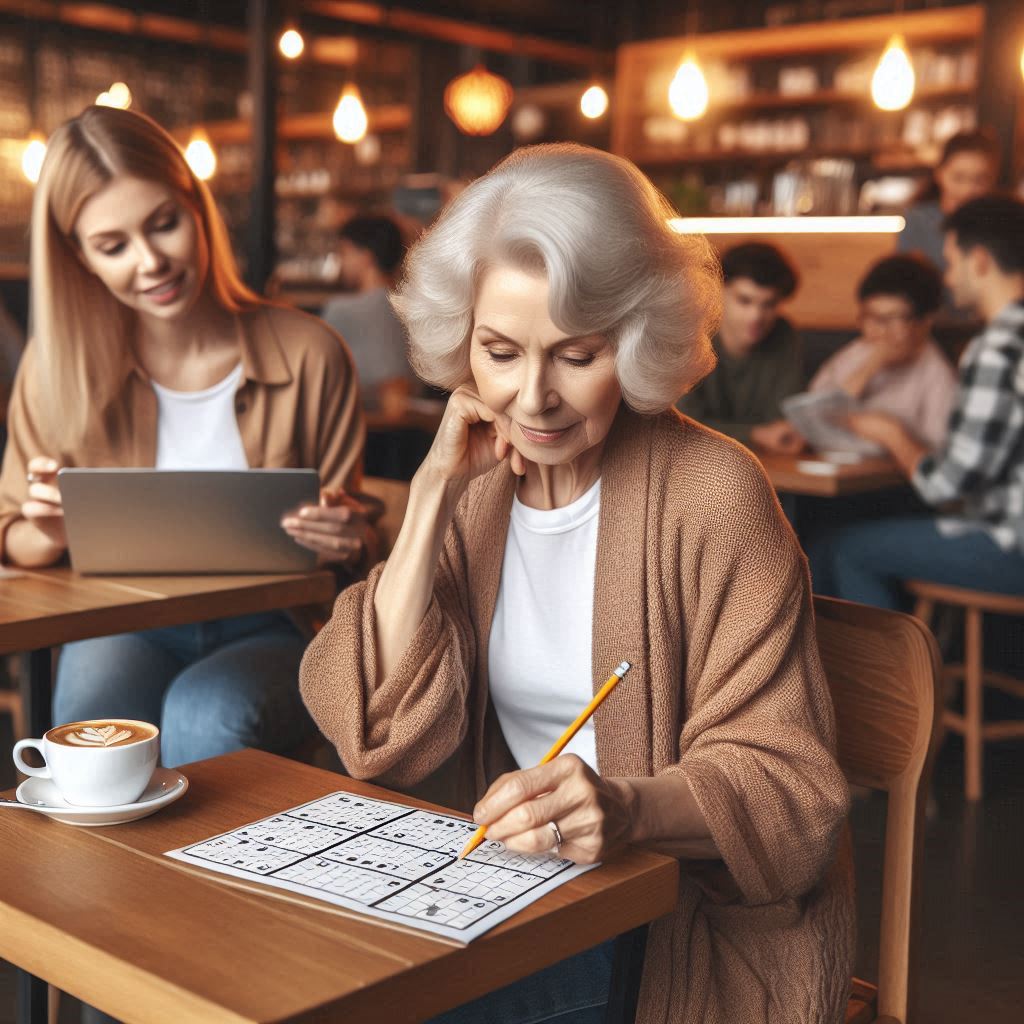 An elderly white woman sitting in a cozy, modern café, focused on solving a Sudoku puzzle. She is se